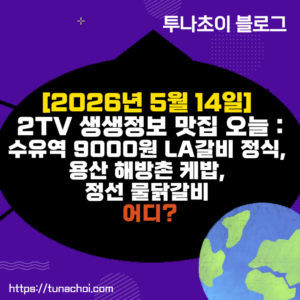 [2026년 5월 14일] 2TV 생생정보 맛집 오늘 : 수유역 9000원 LA갈비 정식, 용산 해방촌 케밥, 정선 물닭갈비 어디?
